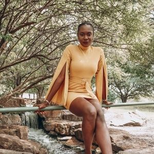 Yellow high neck- belted mini dress